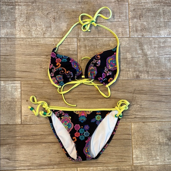 Colorful Patterned Bikini with Neon Straps - Picture 1 of 2